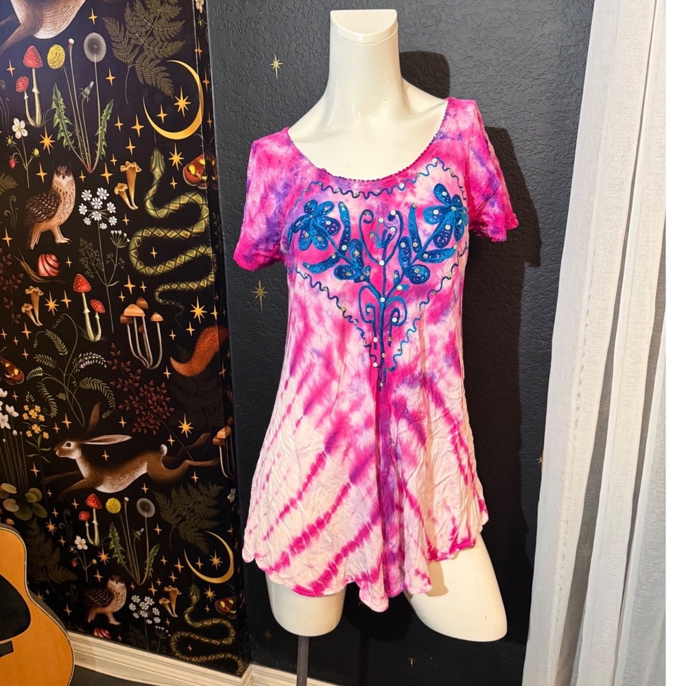 Sunflower Pink Purple Tie Dye Embroidered Sequin Tunic Top One Size Boho Beach